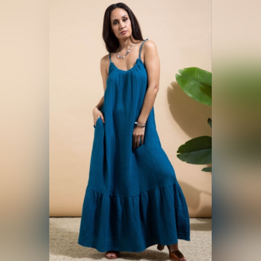 NWT TRIBAL JEANS Sleeveless Teal Maxi Dress with Ruffle Hem Sz Small
